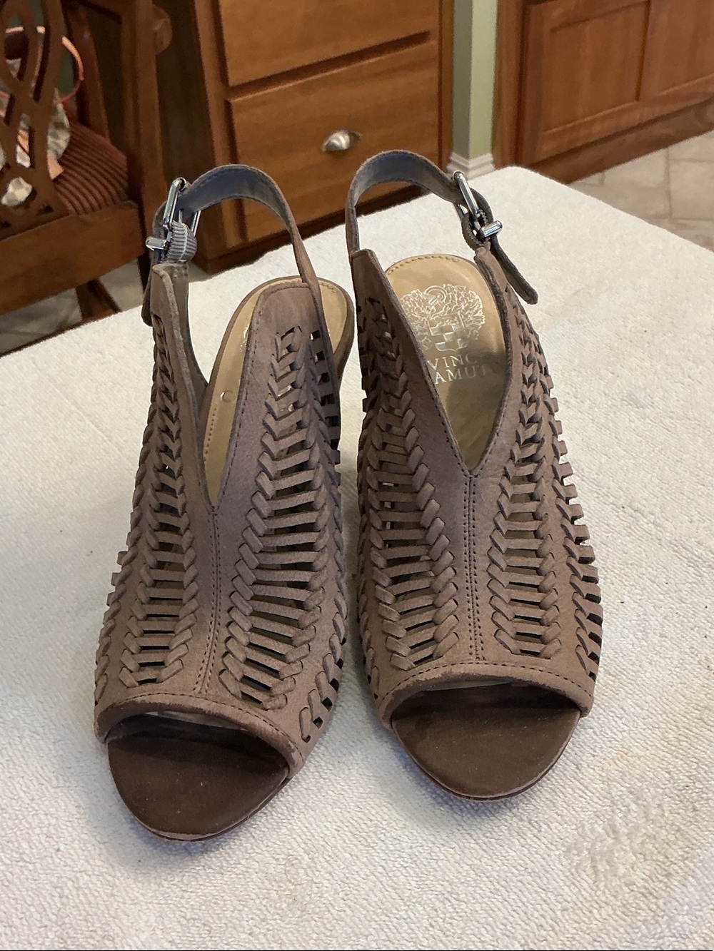 Vince Camuto Taupe Woven Peep-Toe Slingback Heels
